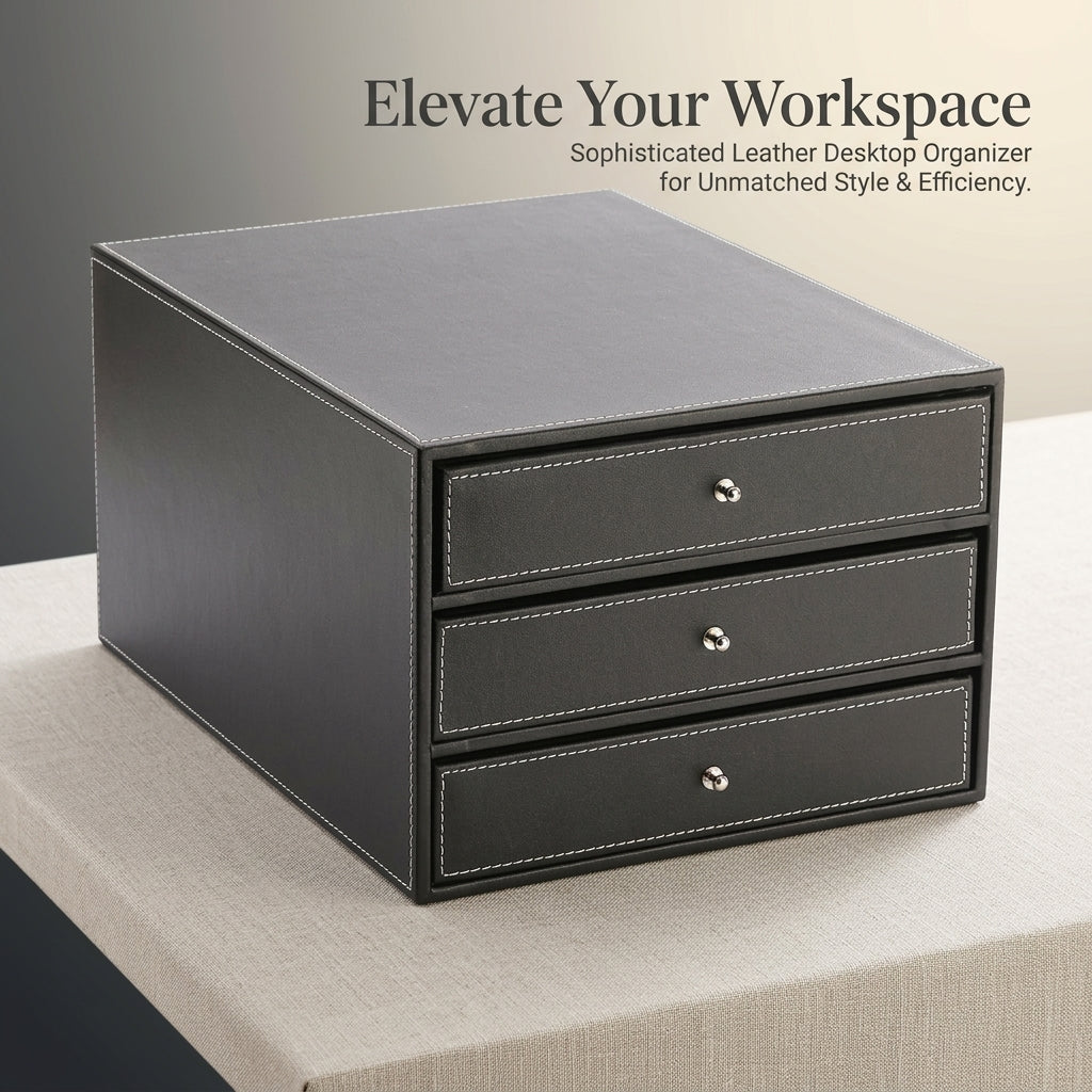 PU Leather Desk Storage with Drawers, 3 Tier Desktop Organizer for Office, File for A4 Documents, Paper for Professionals