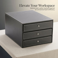 PU Leather Desk Storage with Drawers, 3 Tier Desktop Organizer for Office, File for A4 Documents, Paper for Professionals