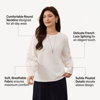 Lace Top for Plus Size Women with French Trim Detail, Round Neck Pullover Shirt for Office Wear and Business Casual, Polyester Blouse