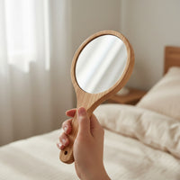 Crystal Clear Wooden Hand Mirror Distortion-Clear Handheld Mirror with Handle Portable Compact for Makeup, Travel, Dorm Room