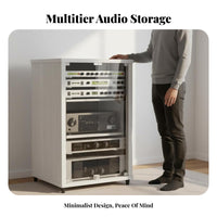 Mobile with casters Multi-Tier Compsinglent Tower sturdyDuty Construction Multi-Tier Compsinglent Shelf Open-Air Shelving Audio Rack Wobblestable Stability for Home Theater aficionados, Audiophiles, Office Workers, media space, Recording Studio, Bedroom