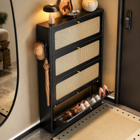 Metal Shoe Storage Cabinet, Narrow Flip-Drawer Shoe Rack for Hallway, Vintage Luxury Black Shoe Storage for Small Spaces, 31cm Deep