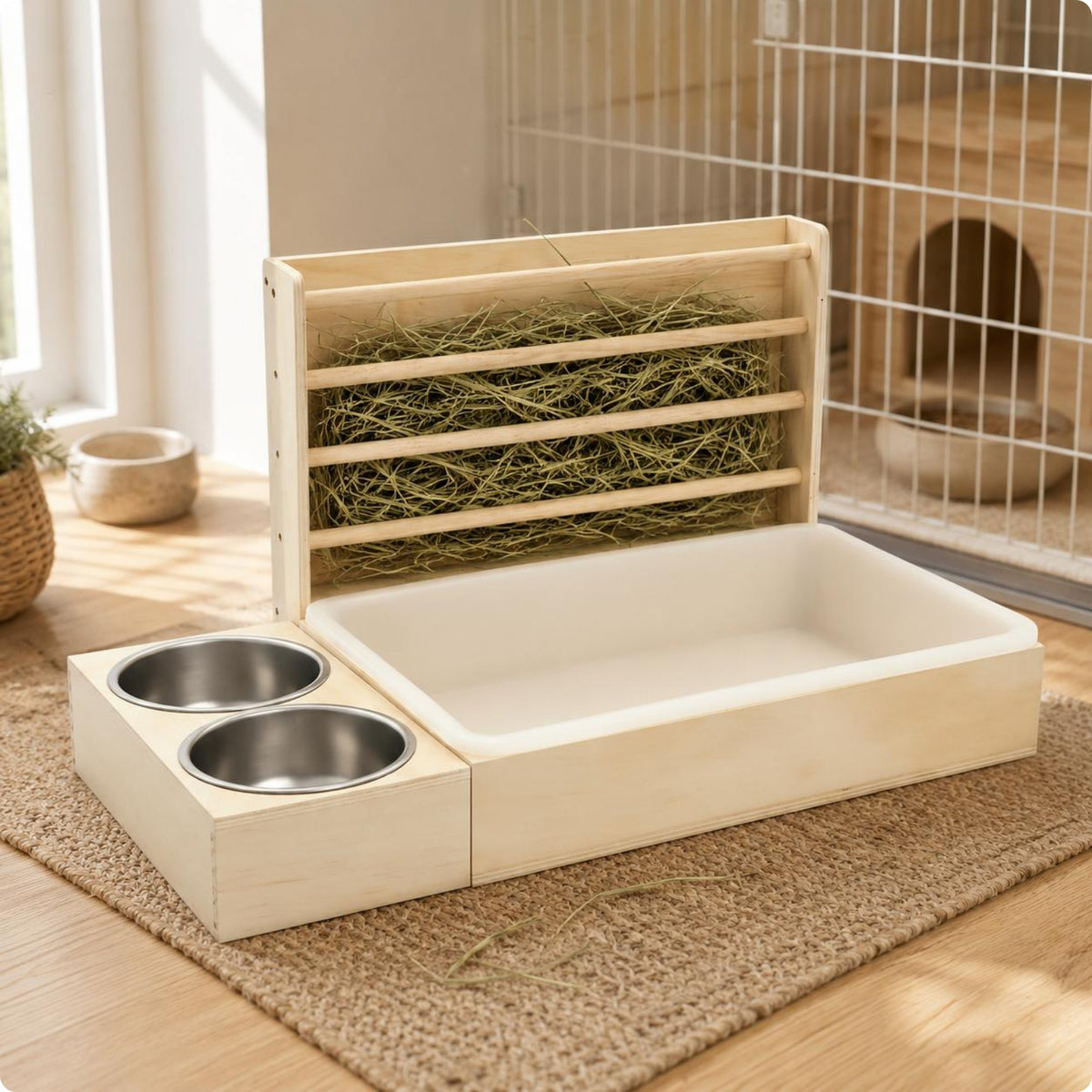 Wooden Rabbit Hay Feeder Compact Small Pet Hay Rack Light-Colored Tray