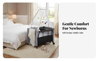 Foldable Portable Bedside Bassinet Adjustable Height Multi-Function Playard All-in-1 Design Infant Bed Toy Bar with Melody Player for Newborns, Infants, Toddlers, Travel, Bedroom, Living Room