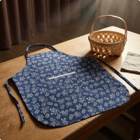 Blue Hanging Neck Apron Printed Floral Apron Patterned Edging Household Wear Long Waist Ties for Adults