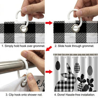 Happy Easter Shower Curtain, Cute Rabbit with Egg Decor Buffalo Plaid Design Fabric Shower Curtains for Homeowners, Adults, Bathtub, Black and White Cloth Fabric Bath Curtain