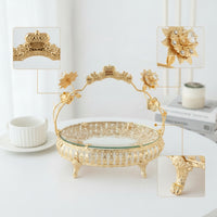 Decorative Fruit Basket with Glass Base Ornate Tabletop Basket with Handle Gold-Toned Holder Vintage-Style for Home Decorators, Hosts, Dining Table, Living Room