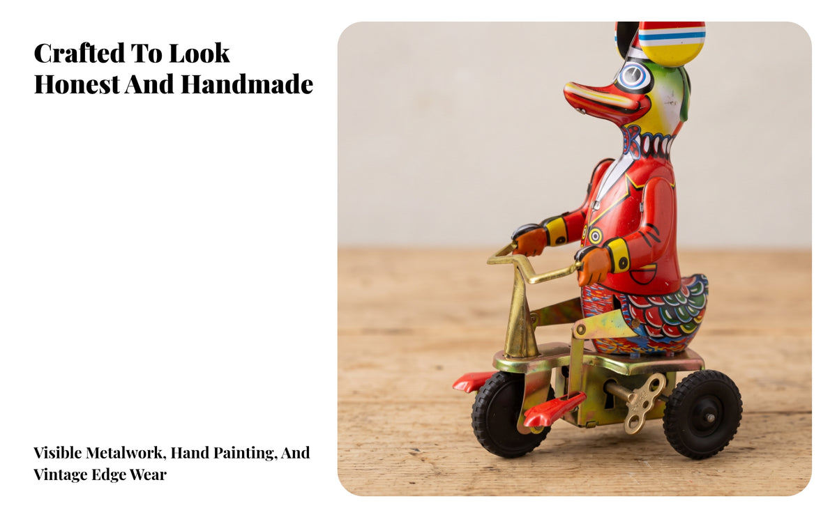 Retro Tinplate Duck with Umbrella on Tricycle