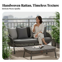 Nordic design Wicker Sofa and Table Set Weather-Resistant exteriordoor Furniture Modern Design Patio Seating Thick upholstered pads for Homeowners, Garden lovers, Families, Balcony, Terrace, Backyard, waterside