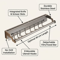 Wall Mounted Stainless Steel Rack for Dorm Room and Apartment Organization, Organizer with No Drill Installation for Chefs
