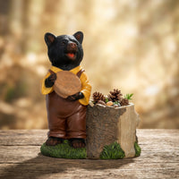 Bear Figurine with Planter Rustic Bear Planter Yard Art Woods Weather-Resistant for Gardeners, Patio, Courtyard
