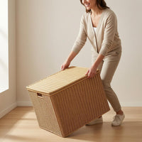 Rattan Storage Box Cutout Handles Woven Container Box Sturdy Frame Home Decor