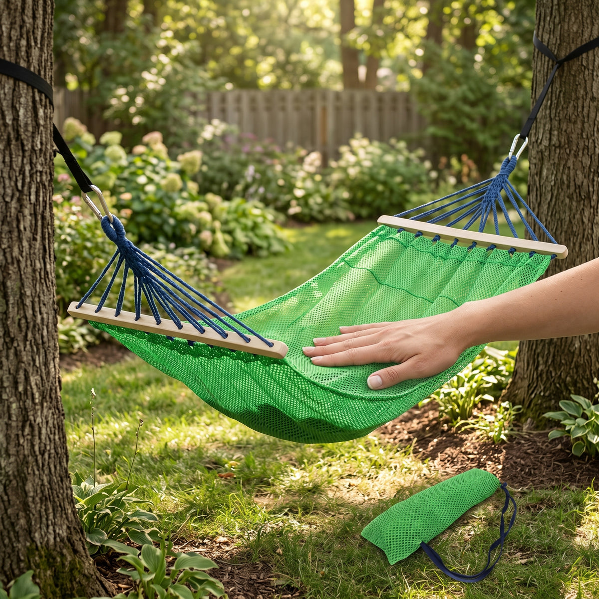 Ice Silk Hammock Chair with Wooden Bar for Indoor Outdoor Relaxation