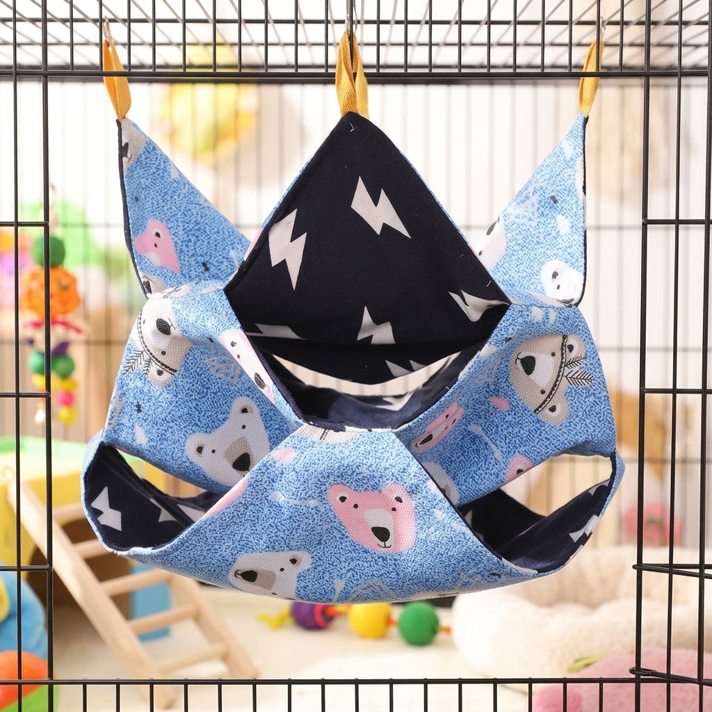 Three-Layer Hammock Small Exotic Pet Cage Hammock, 29cm Square Canvas and Lamb Velvet Warming Bed for Sugar Glider, Chinchilla and Degu, Blue