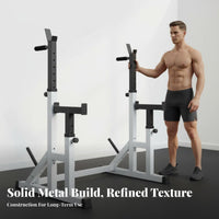 Stable and Safe Adjustable Squat Rack Space-Saving Design Adjustable Bench Press Rack Long-Lasting Powder Coat Finish Multi-Functional Barbell Stand Small Footprint