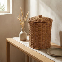 Fitted Lid Lidded Storage Basket Cylindrical Round Rattan Basket Natural Tan Home Organizer Loop Knob
