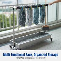 Stainless Steel Mop Holder, Movable Floor Storage Rack, Cleaning Tool Organizer with Draining Tray for Balcony
