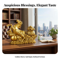 Success Symbol Golden Horse Pulling Wealth Cart Ideal Gift Feng Shui Wealth Horse Figurine Exquisite Workmanship for Business Owners, Office