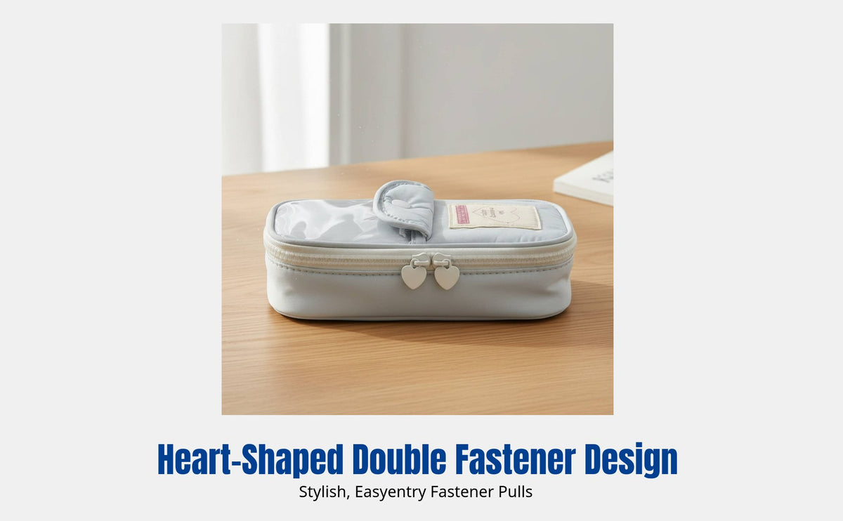 Gray Navy Heart Stationery Pouch, Double Zipper, Multi-Compartment, Large Capacity, Student Organizer