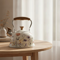 Floral Whistling Tea Kettle Wood-Grain Tea Kettle with Flip-up Spout Cottage-Style Fast-Boiling for Kitchen