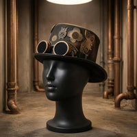 Decorative Flower and Gear Steampunk Hat with Goggles Adjustable Chin Strap Steampunk Top Hat Handmade Headwear