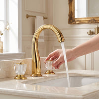 Polished Gold Two-handleHandle Bathroom Faucet Arched Spout Basin Mixer Tap Hot and Cold Three-Hole Faucet Leak-Resistant-Drip-Resistant for Vanity, Washroom