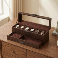 Vintage-Style Watch and Jewelry Organizer PU Leather Watch Box with Glass Lid Divided Jewelry Box with Glass Lid Dust-Resistant for Collectors, Dresser, Vanity Table, Closet