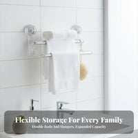 Drillnon-Drilling Installation Suction Cup Double Towel Bar No Drilling Bathroom Accessory Waterproof Wall Rack Strong Load-Bearing for Renters, Homeowners, Families, Washroom, Restroom, Shower Room, Entryway