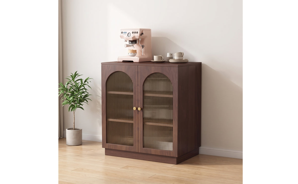 Cabinet with Fluted Glass Doors Wood Grain Side Cabinet Quiet Sideboard for Living Room, Bedroom