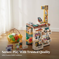 57 Pieces Realistic Design Kids Grocery Shop with Shopping Cart Rich Accessories Kids Grocery Shop Playset Educational Toy Checkout Counter with Scanner Sturdy Construction for Preschoolers, Toddlers, Parents, Playroom, Daycare, Birthday Parties, Home