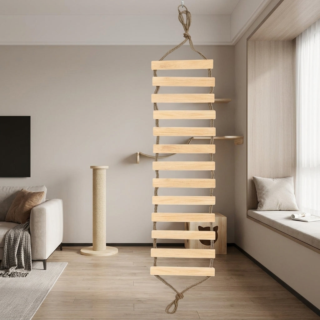Cat Climbing Structure with Rope Bridge, Solid Wood Wall Mounted Frame and Ladder, Indoor Shelves for Large Cats, Elevated Climbing Bridge Area