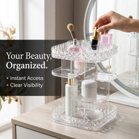 360 Rotating Makeup Organiser Storage, Clear Acrylic Multi Compartment Cosmetic Box, for Vanity Table Bedroom Dresser