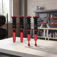 4 Pieces Heavy-Duty Coilover Chassis System Kit Steel Coilover Kit Red and Black Spring Shock Absorber Sporty for Car Enthusiasts, DIY Mechanics