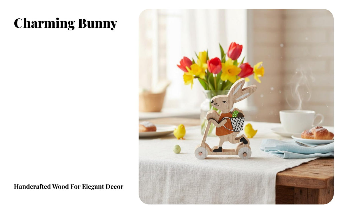 Wooden Hare on Cute Design Bunny with Egg Basket Figurine Rustic Charm Wooden Bunny Figurine for Kids, Parents, Tiered Tray, Mantel, Nursery
