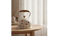 Floral Whistling Tea Kettle Wood-Grain Tea Kettle with Flip-up Spout Cottage-Style Fast-Boiling for Kitchen