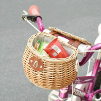 Handwoven Kids Front Bike Basket Natural Woven Wicker Bike Basket Lined Faux Leather Straps for Children