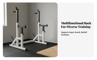 Stable and Safe Adjustable Squat Rack Space-Saving Design Adjustable Bench Press Rack Long-Lasting Powder Coat Finish Multi-Functional Barbell Stand Small Footprint