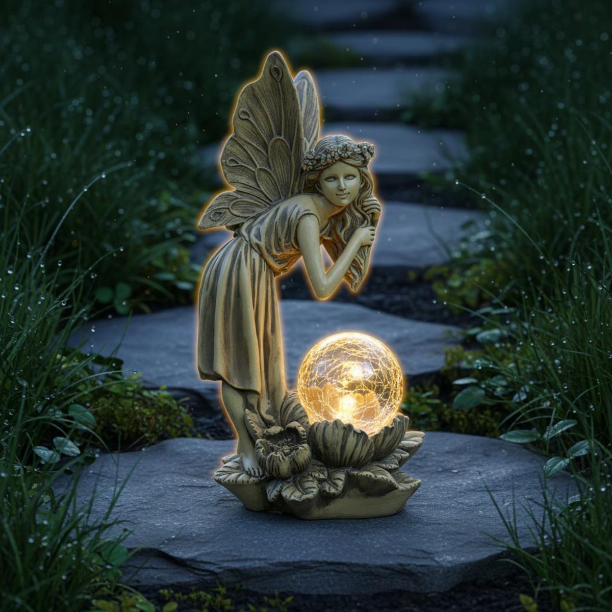 Glass Ball Fairy Sculpture Outdoor Use Resin Fairy Statue Flower Base Celestial Figure Figurine for Patio
