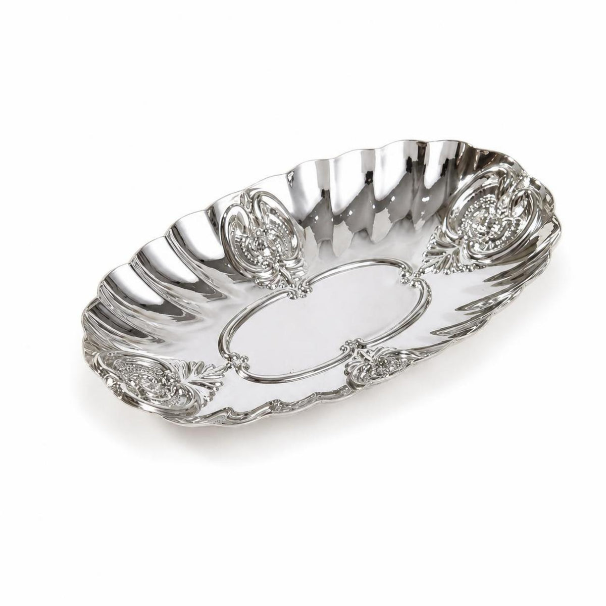 Ornate Oval Tray with Scalloped Rim Embossed Tray with Scalloped Edge Compact Trinket Dish Polished for Vanity, Bedside Table