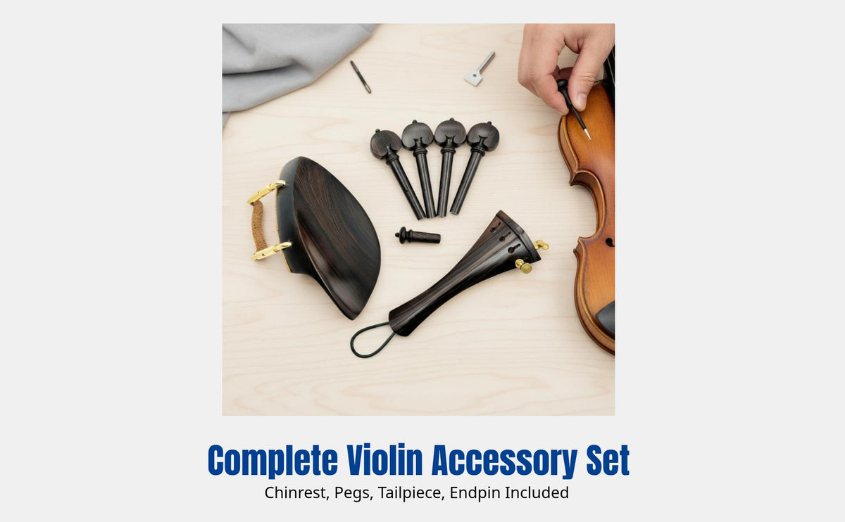 Ebony, Rosewood, Jujube Violin Accessories Set, Complete Kit, Chinrest Peg Tailpiece Endpin