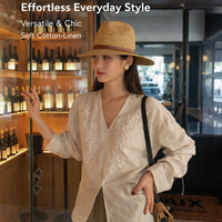 Long Sleeve Tops for Women with Embroidered Floral V-Neck Design, Linen Blend Blouse for Casual Everyday Wear and Going Out, Back Tie Detail