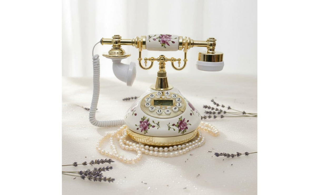 Decorative Ceramic Flower Phone Floral Print Design Telephone No Batteries Needed for Living Room, Gift, Office