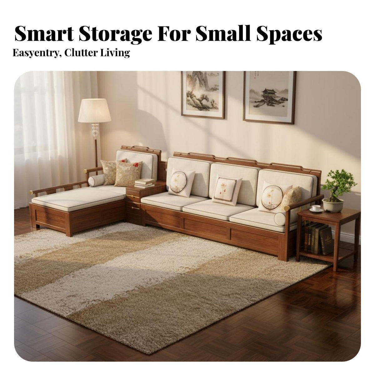 Chaise Lounge Sofa with Storage New Chinese aesthetic Living Room Seating Space-Saving Sectional Couch for Small Apartment Dwellers, Homeowners, Home
