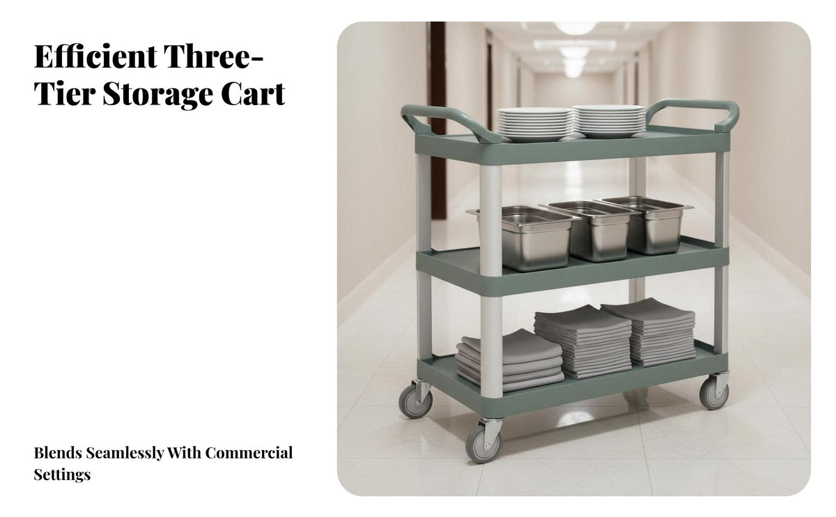 High Load Capacity 3-Tier Serving Cart Easy to Clean 3-Shelf Food Service Cart Multi-Purpose Plastic Rolling Trolley Sturdy Construction for Kitchen Personnel, Office Workers, Mechanics, Restaurants, Canteens, Cafeterias, Kitchens