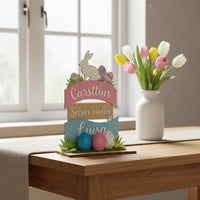 Colorful Wooden Easter Table Decor Handmade Easter Bunny Table Decor Rustic Wood Material Vernal Holiday Sign Freestanding for Children, Party, Mantelpiece, Classroom