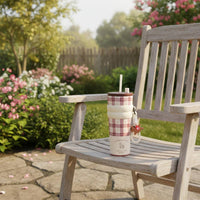 Portable Wrist Strap Large Capacity Insulated Cup Plaid Pattern Tumbler Drinkware for Office, School