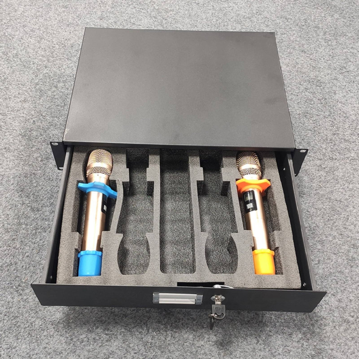 Lockable 19" 2U Drawer Travel Case, Universal Microphone Receiver Rack Drawer