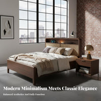 Solid Wood Rattan Bed Retro Design Artisanal Patina Look Wooden Bed No Box Spring Needed for Homeowners, Families, Guesthouse, Guest Room