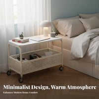 Mobile Design 2-Tier Rolling Trolley Sintered Stone Top 2-Tier Rolling Cart space-efficient Size End Table Space-Saving for Apartment Dwellers, Interior Decorators, Living Room, Bedroom, Small Spaces, Balcony