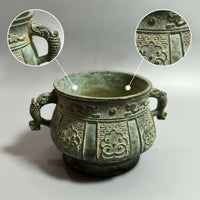 Antique Decorative Goblet Footed Vessel with Handles Embossed for Shelf, Tea Room